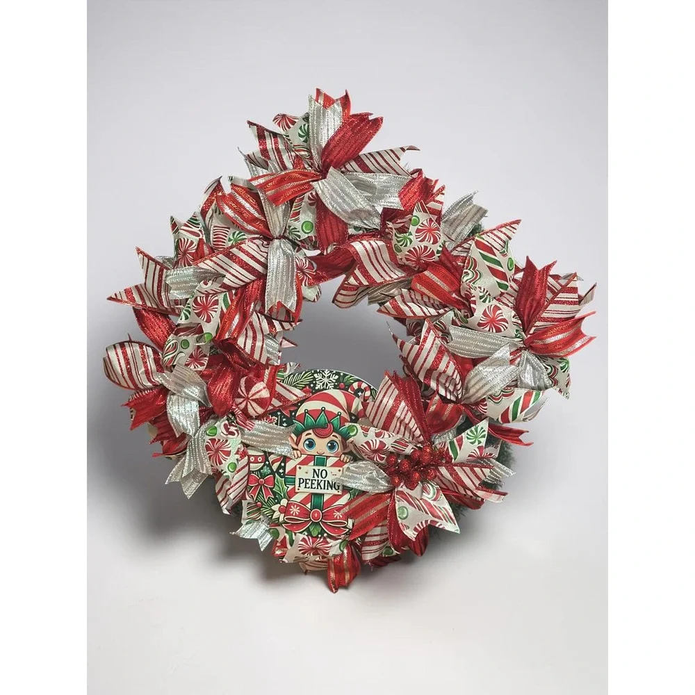 No Peaking Elf Ribbon Diamond Shaped Wreath